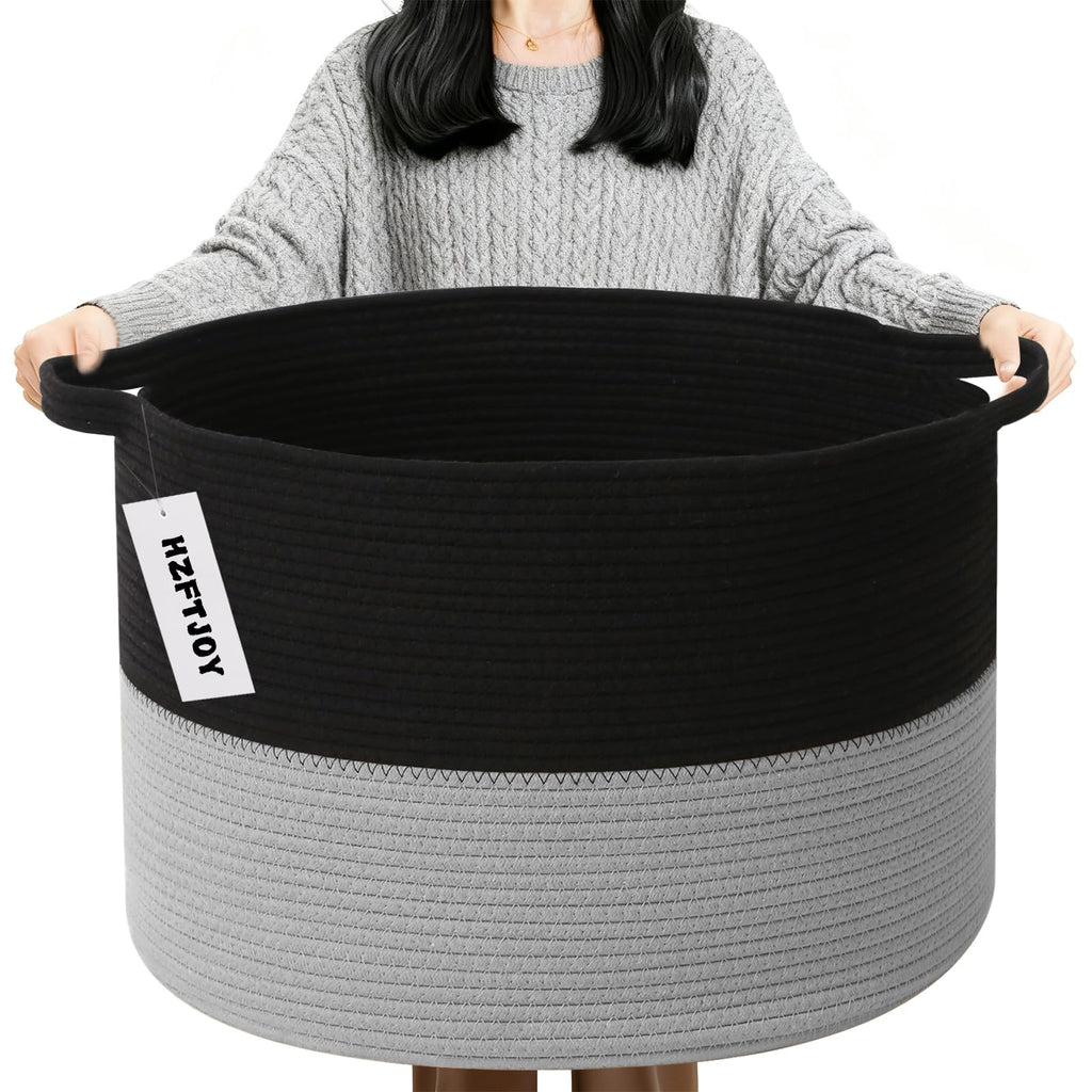 Large Woven Blanket Basket,65L Cotton Rope Laundry Basket