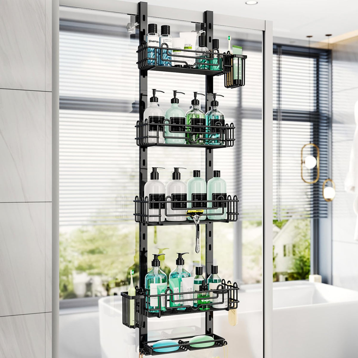 HapiRm Over the Door Shower Caddy - 4-Tier Hanging Shower Organizer with 22 Hooks and 2 Toothbrush Holders, No Drilling Adjustable Hanging Shelves for Bathroom - Black