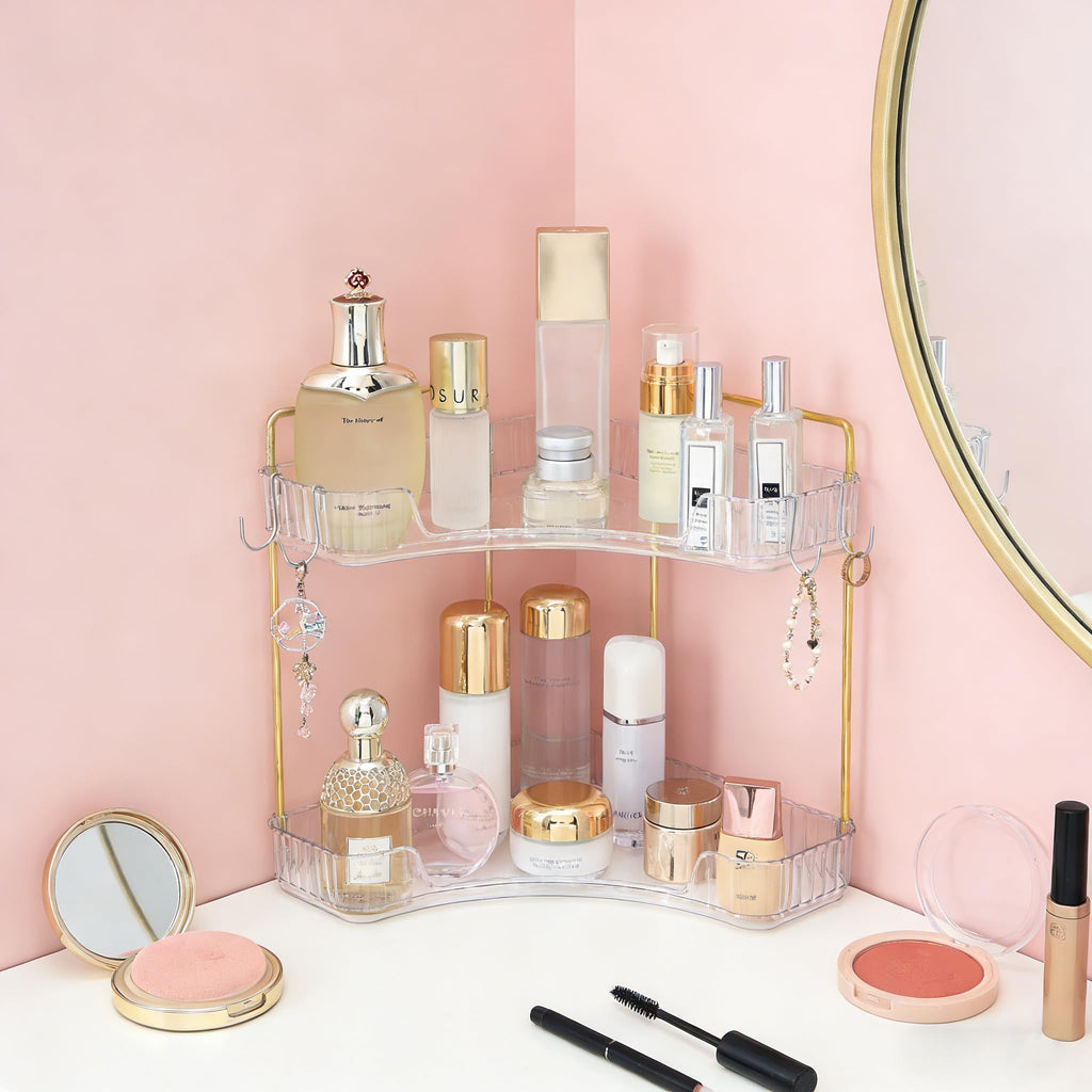 2-Tier Corner Bathroom Organizer Countertop with Hooks, for Makeup/Skincare