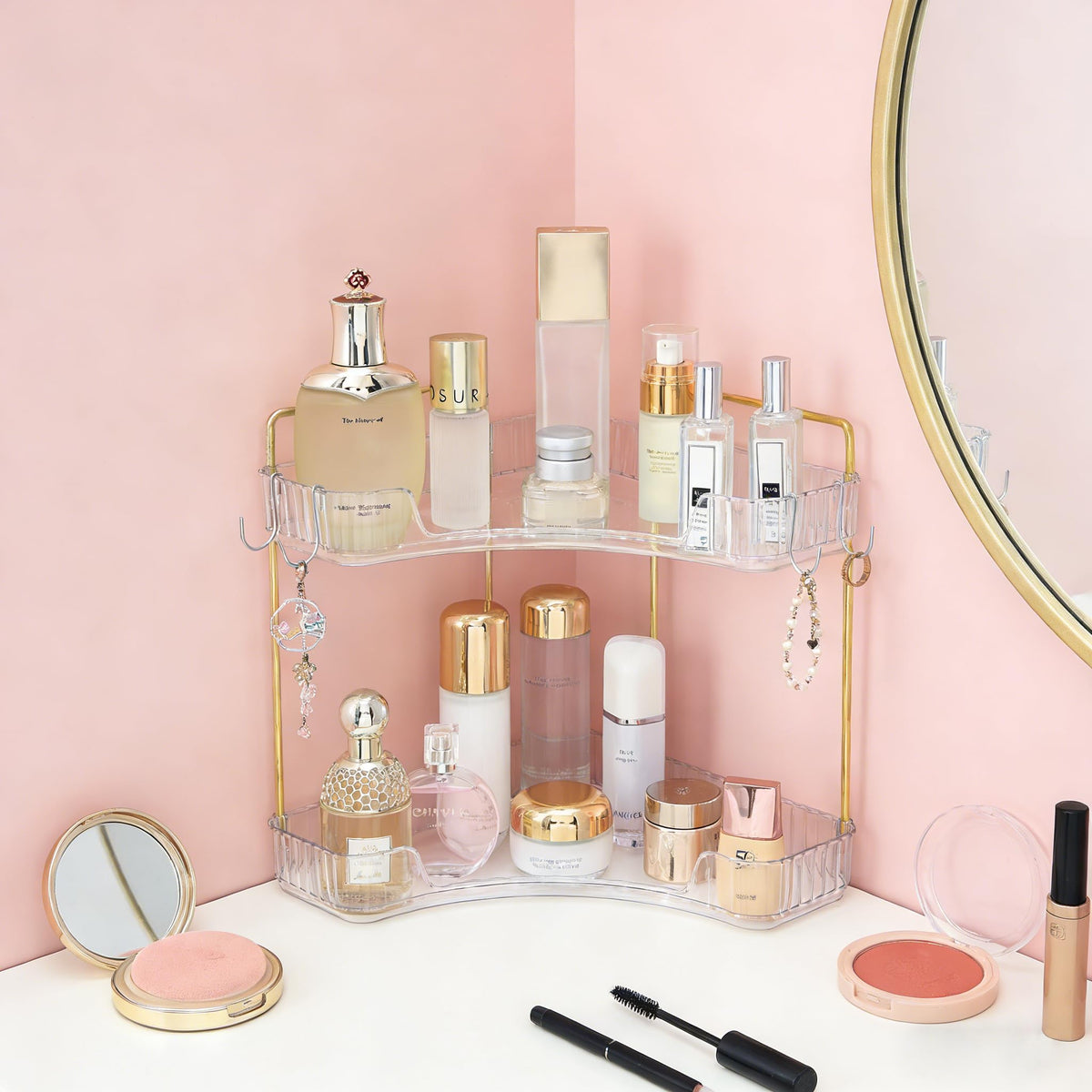 2-Tier Corner Bathroom Organizer Countertop with Hooks, for Makeup/Skincare