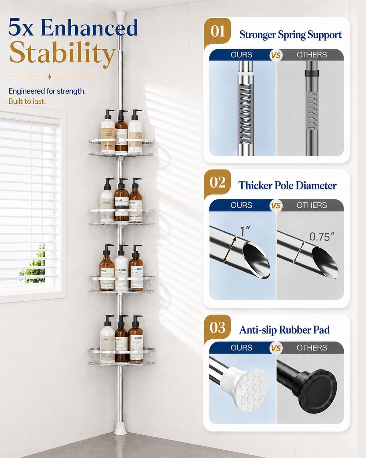 SEIRIONE Rustproof Corner Shower Caddy Tension Pole for Bathroom Organizers