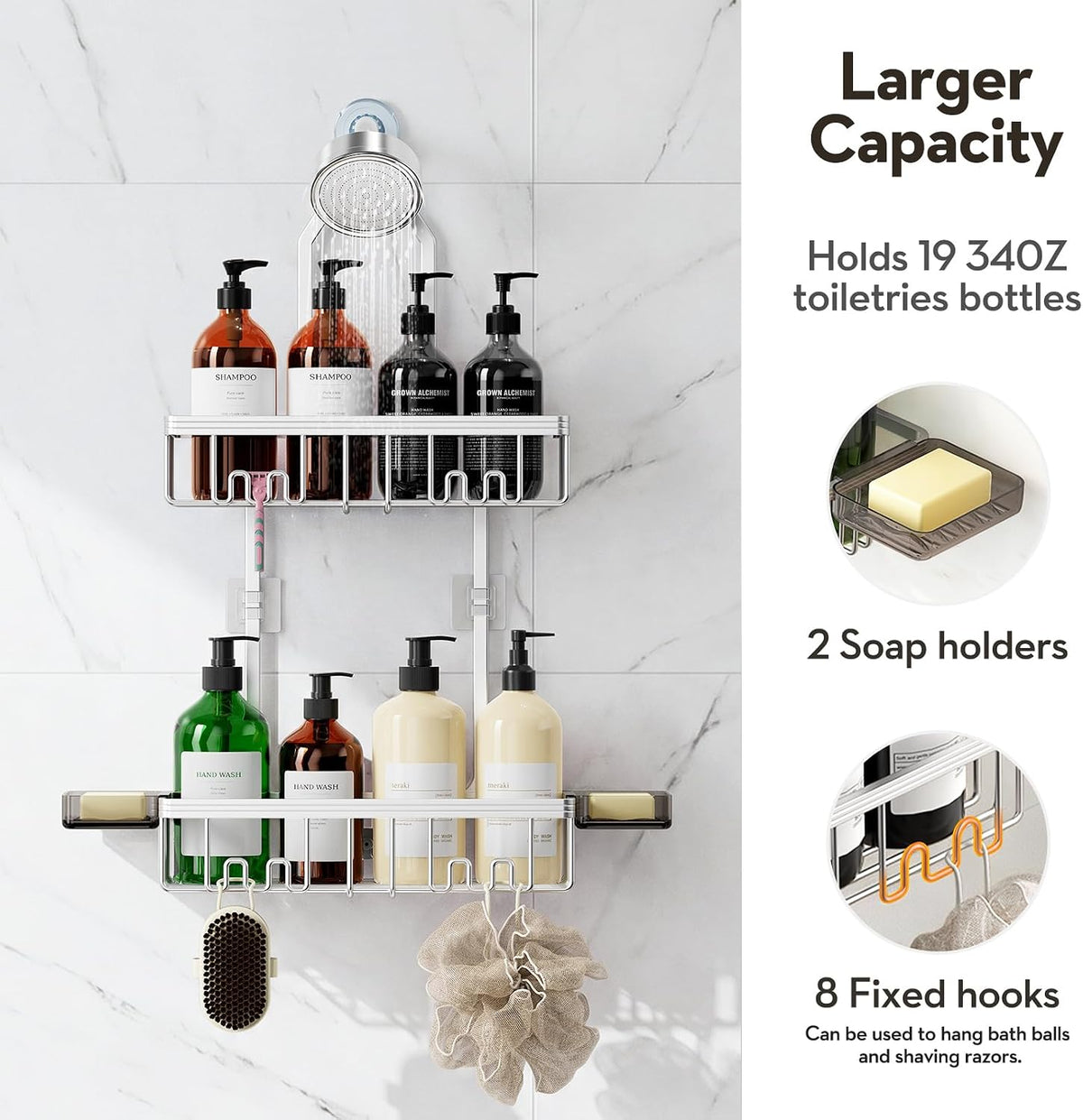 Shower Caddy Hanging, Never Rust Shower Organizer Hanging, Aluminum Shower Racks for Inside Shower with Hooks for Razor, Bathroom Organizers and Storage with Soap Holder, Bright Silver