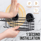 LEVERLOC Shower Caddy Suction Cup, 2 Pack Shower Shelves for Inside Shower with Hooks & Soap Holder, NO-Drilling Bathroom Shower Organizer, Rustproof Meatl Shower Holder Storage, Black