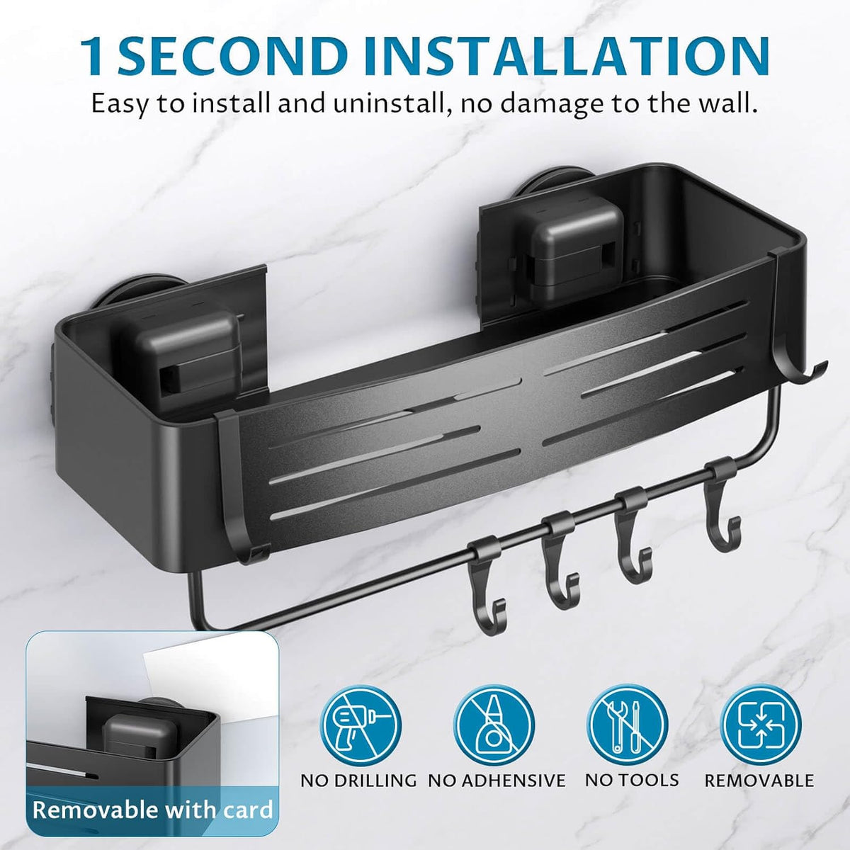 Onemake Suction Cup Shower Caddy, Shower Shelf, Bathroom Organizer, Black