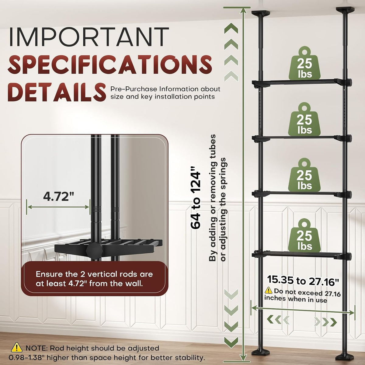Goovilla Over The Toilet Storage Shelf, 64-124inch(H) 15-27inch(W), Black