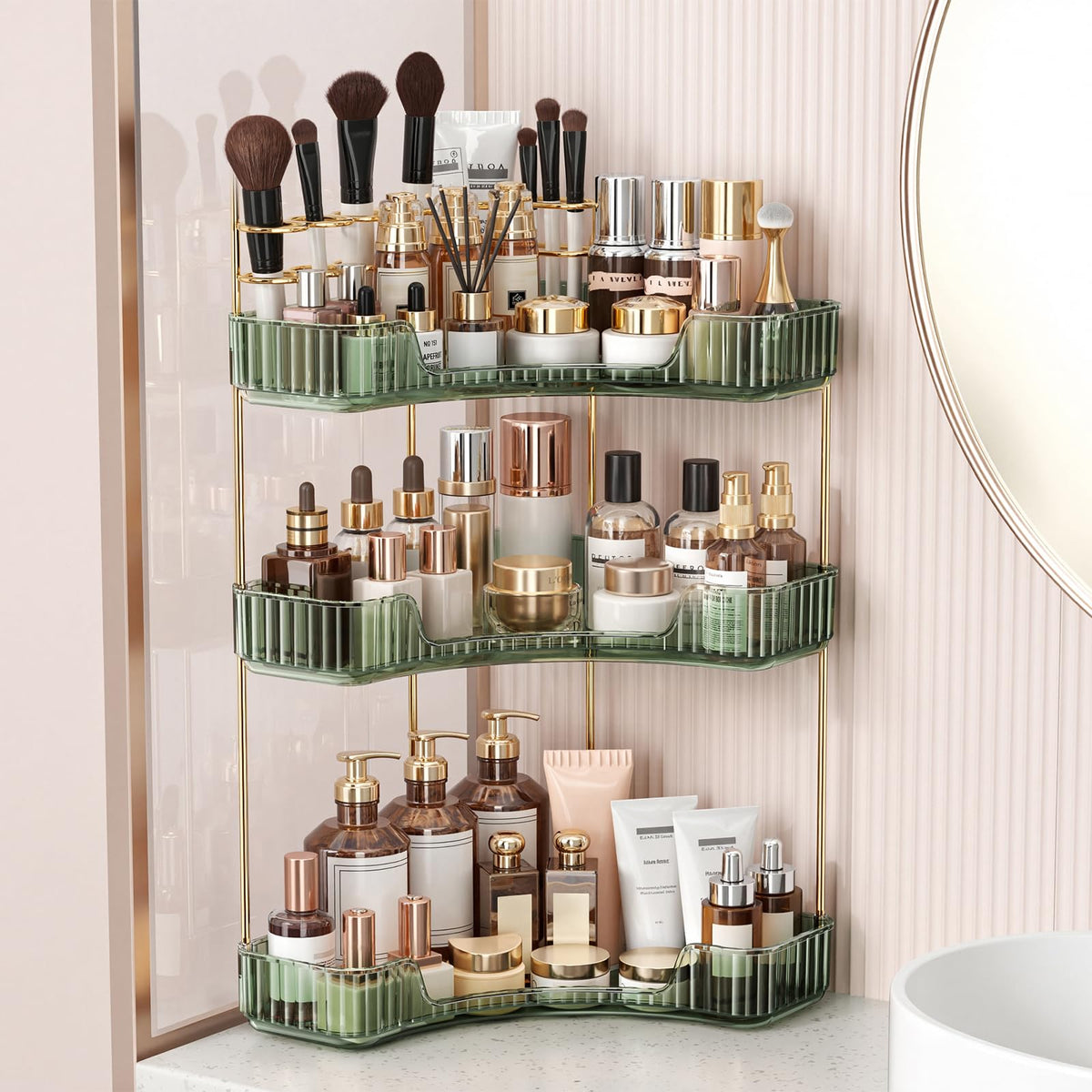 BEFSOP Corner Bathroom Counter Organizer, Upgraded 3-Tier Makeup Organizer Countertop with Makeup Brush Holder, Skincare Exquisite Vanity Organizers Countertop Bathroom Storage Dresser(GOLD)