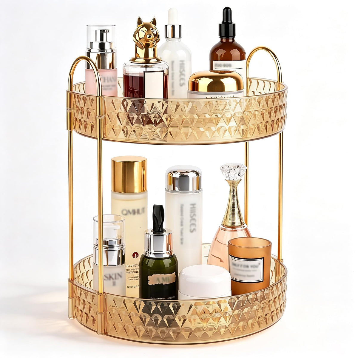 Large Capacity Rotating Makeup Organizer Perfume Stand Holder, 2 Tier Clear