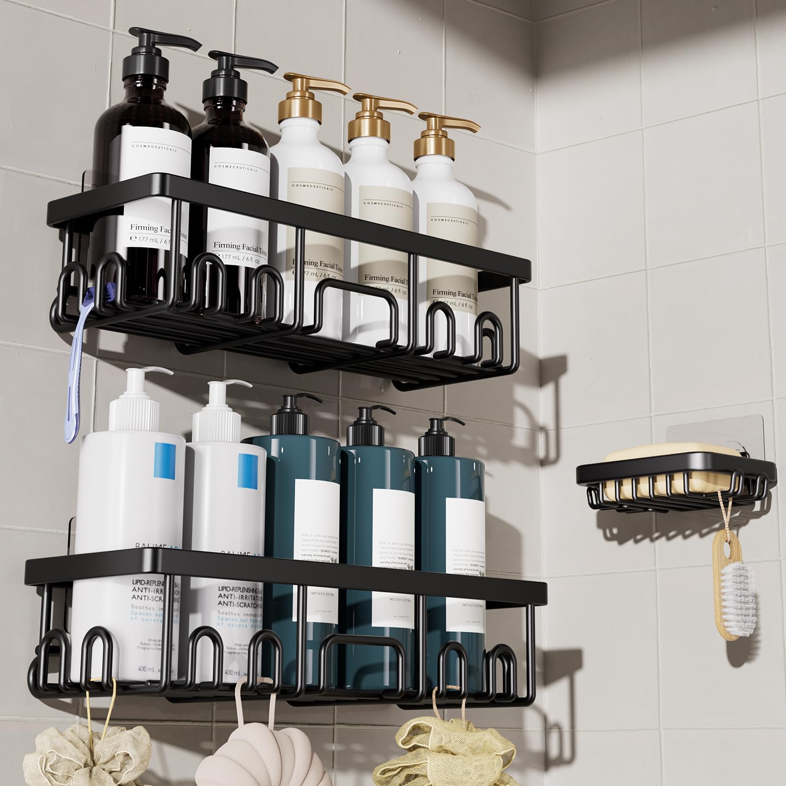 Veken Shower Caddy 6-Pack with Hooks, Bathroom Organizers & Storage, Black