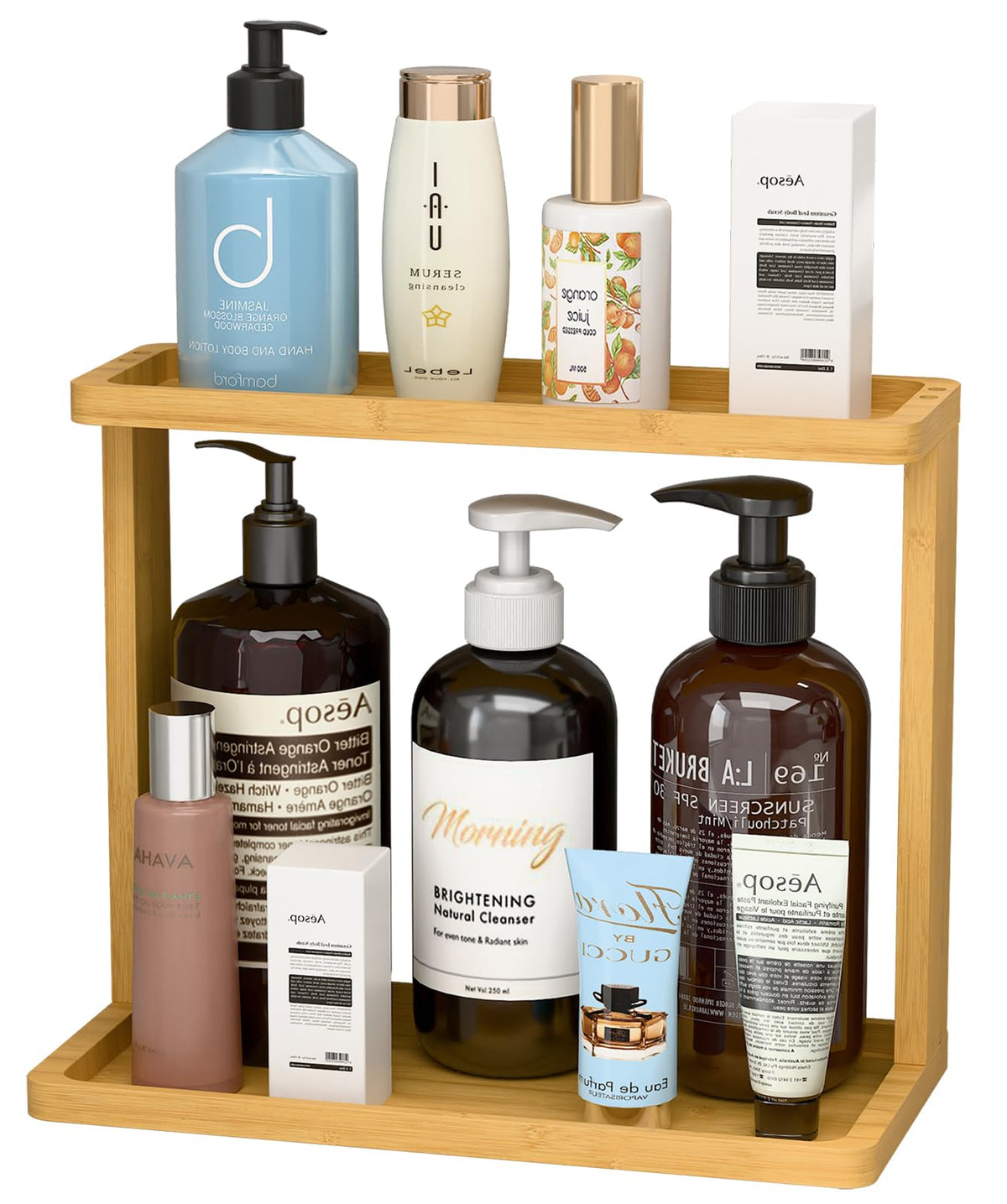 PEKER Bamboo Bathroom Organizer Countertop – Small Vanity Storage Shelf for Makeup, Perfume, Skincare – Natural Cosmetics Display Rack for Dresser, Sink, Kitchen – Natural