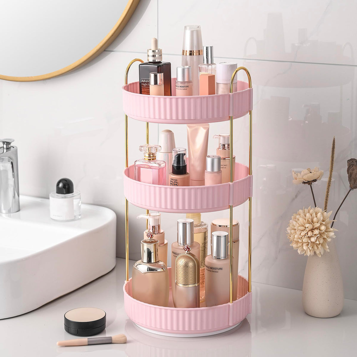Aveniee 3-Tier 360° Rotating Makeup Organizer, Clear Spinning Perfume Cosmetic Storage for Vanity Countertop, Sturdy Metal Pole Skincare Holder Stand for Bathroom Dresser, White