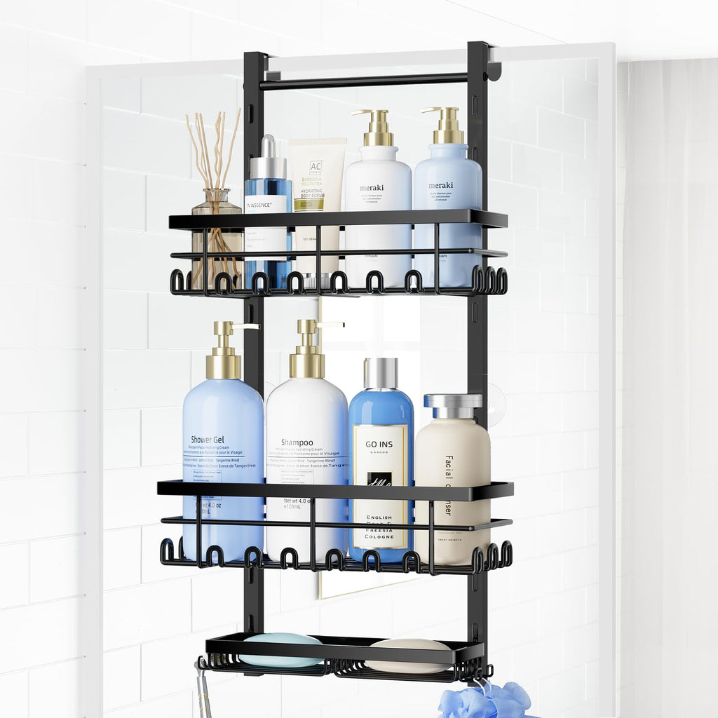 SWTYMIKI Over The Door Shower Caddy - 4 Tier Rustproof Hanging Shower Organizer with Adjustable Shelves, 40 Hooks & Soap Holder, Hanging Shower Rack Storage for Bathroom Accessories, Black