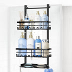 SWTYMIKI Over The Door Shower Caddy - 4 Tier Rustproof Hanging Shower Organizer with Adjustable Shelves, 40 Hooks & Soap Holder, Hanging Shower Rack Storage for Bathroom Accessories, Black
