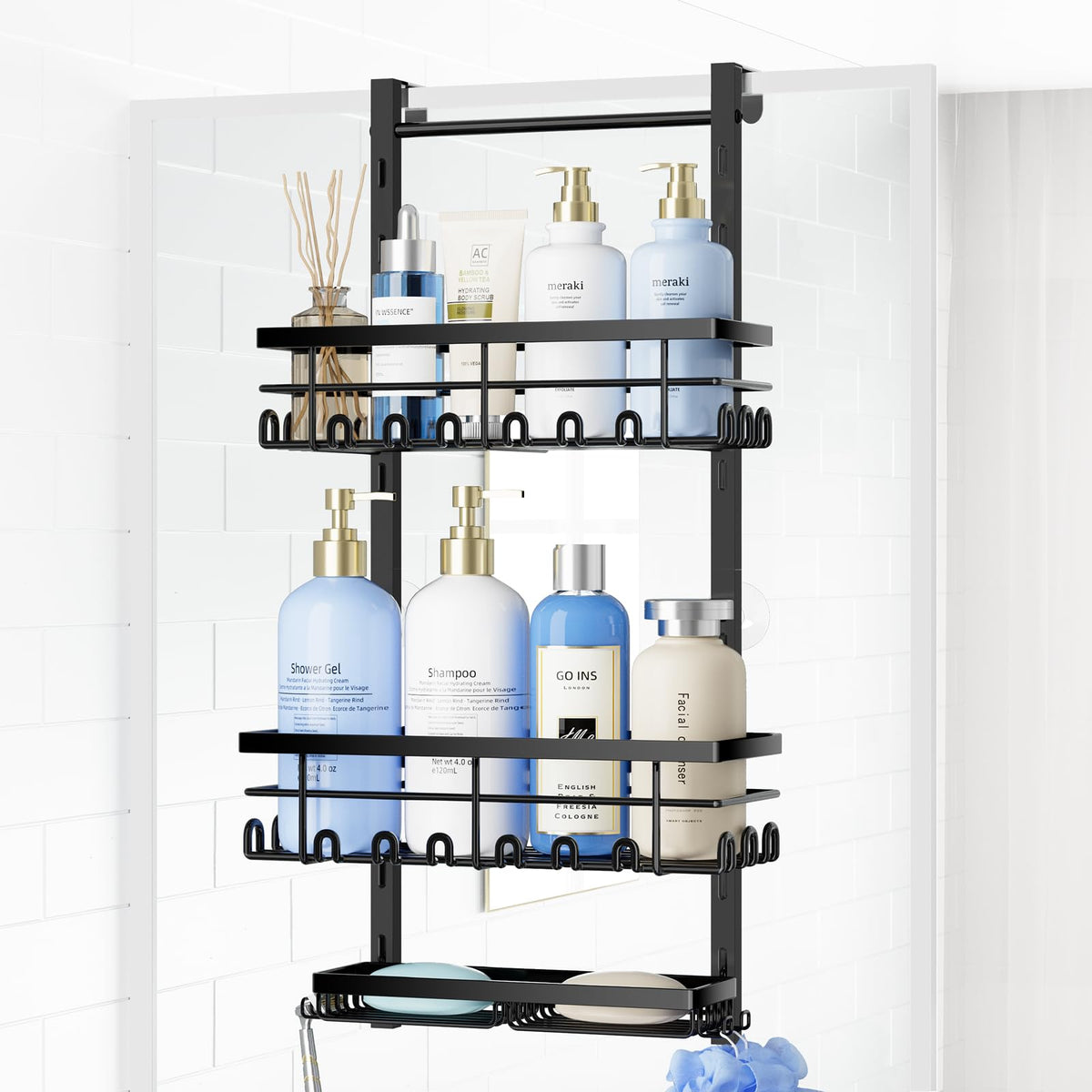 SWTYMIKI Over The Door Shower Caddy - 4 Tier Rustproof Hanging Shower Organizer with Adjustable Shelves, 40 Hooks & Soap Holder, Hanging Shower Rack Storage for Bathroom Accessories, Black