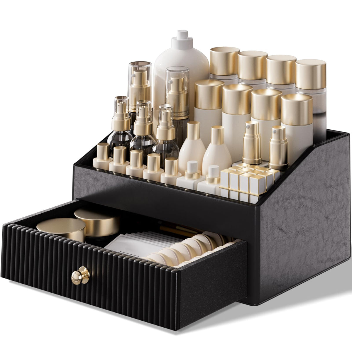 LADSTAG Vanity Organizers,Luxury Skincare Organizer with 3 Tier Drawers,Beige White Large Capacity Cosmetic Organizer Countertop for Makeup Brush,Dresser,Bedroom,Bathroom,Mom Gifts,Mom Birthday Gifts