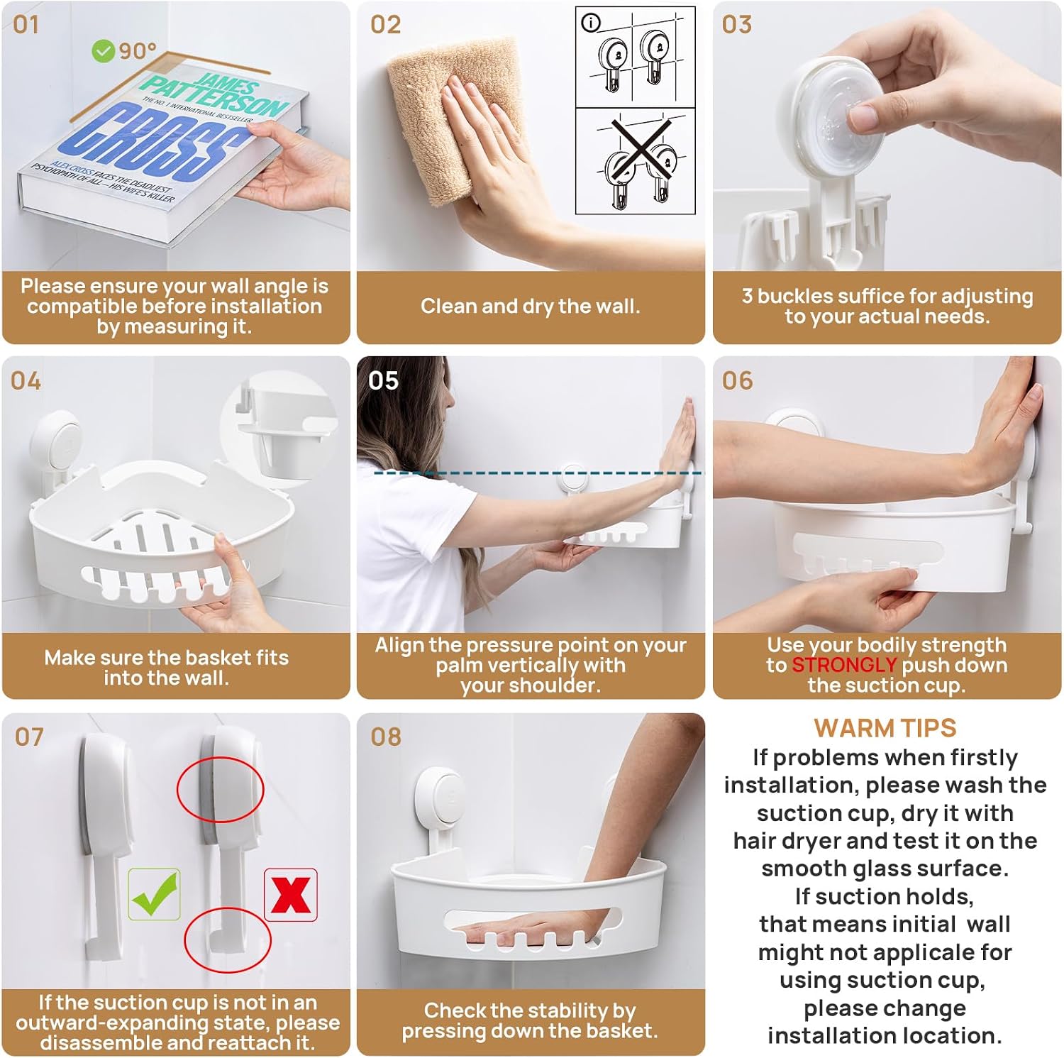 LEVERLOC Corner Shower Caddy Suction Cup, shower shelves suction cup, White