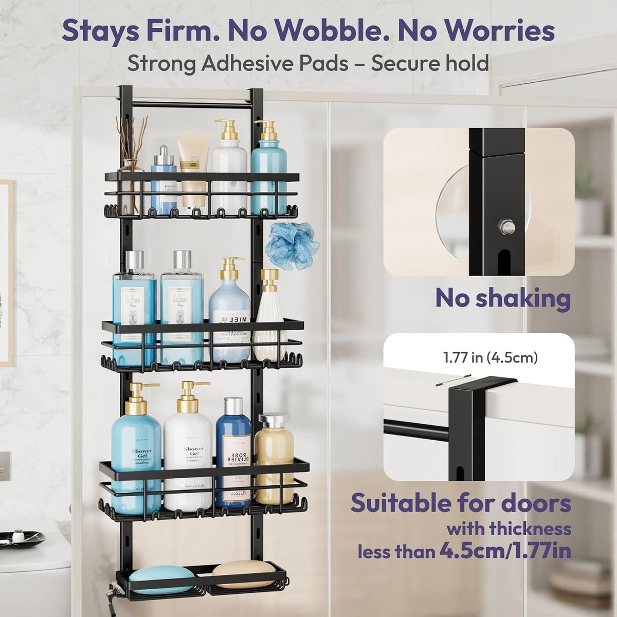 SWTYMIKI Over The Door Shower Caddy - 4 Tier Rustproof Hanging Shower Organizer with Adjustable Shelves, 40 Hooks & Soap Holder, Hanging Shower Rack Storage for Bathroom Accessories, Black