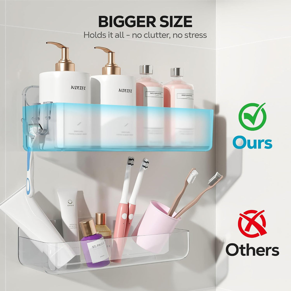 Nieifi Adhesive Shower Shelves, Clear, 5 Pieces