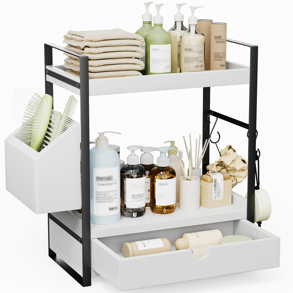 2-Tier Bathroom Counter Organizer, Wooden Vanity Shelf with Drawer & Basket