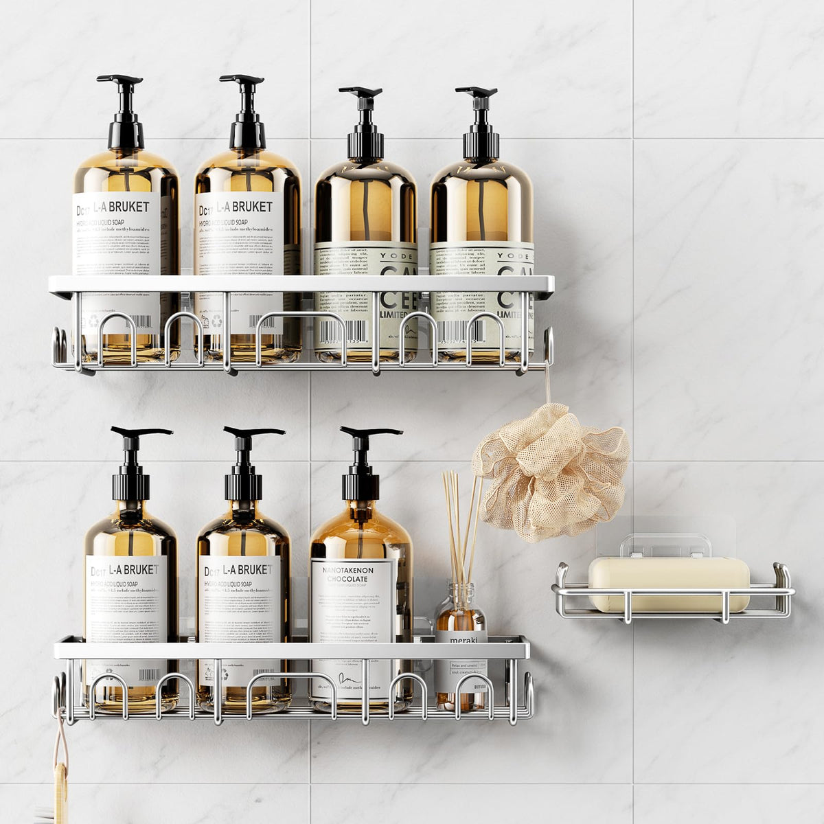 Shower Caddy, 3 Pack Shower Shelves for Inside Bathroom, Rustproof Adhesive Bathroom Organizer with Soap Holder, No Drilling Washroom Organizers and Storage for Bathtub Room, Matte white