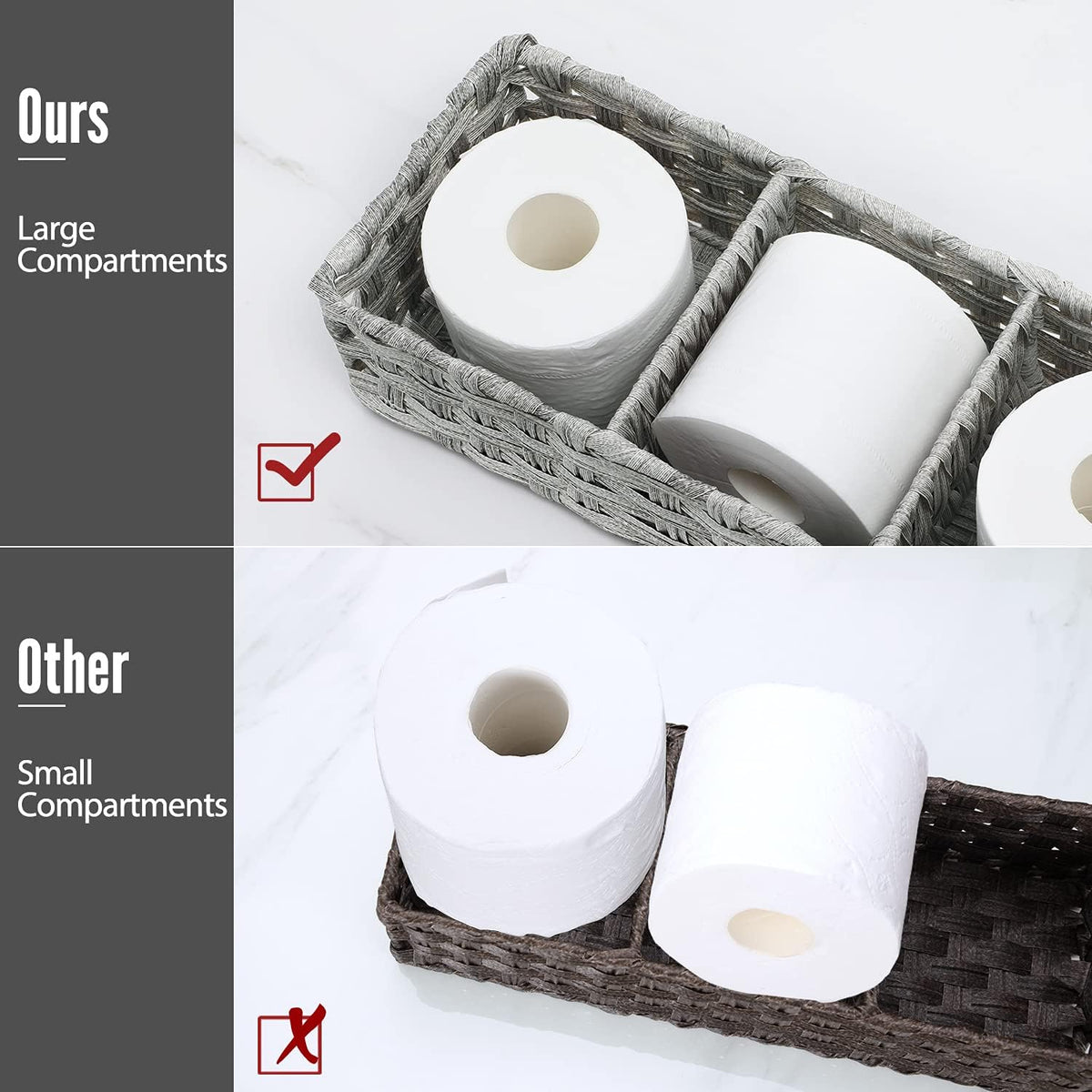 [Larger Compartments] Toilet Tank Topper Paper Basket - Multiuse Hand Woven Plastic Wicker Basket with Divider for Organizing, Rustic Farmhouse Bathroom Decor, Countertop Organizer Storage, Gray Wash