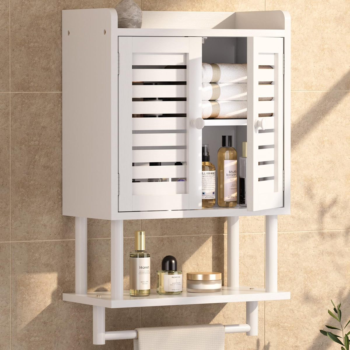 AmazerBath Bathroom Wall Cabinets, Bamboo Medicine Cabinet with Rattan Door, Over The Toilet Storage Cabinet with Towel Bar, Wall Mounted Cabinet with Adjustable Shelves for Small Spaces