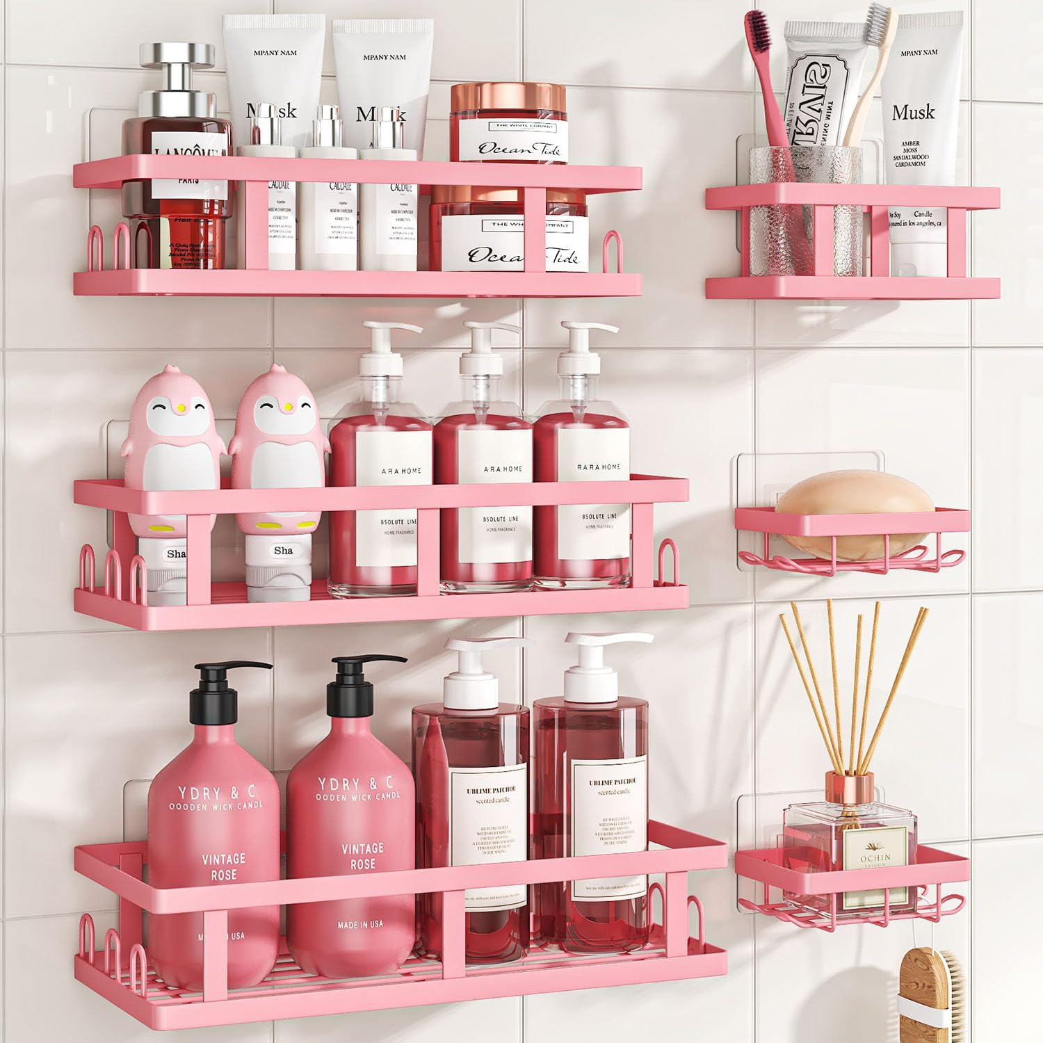 Youvip Pink Shower Caddy 6 Pack, Adhesive Shower Shelves