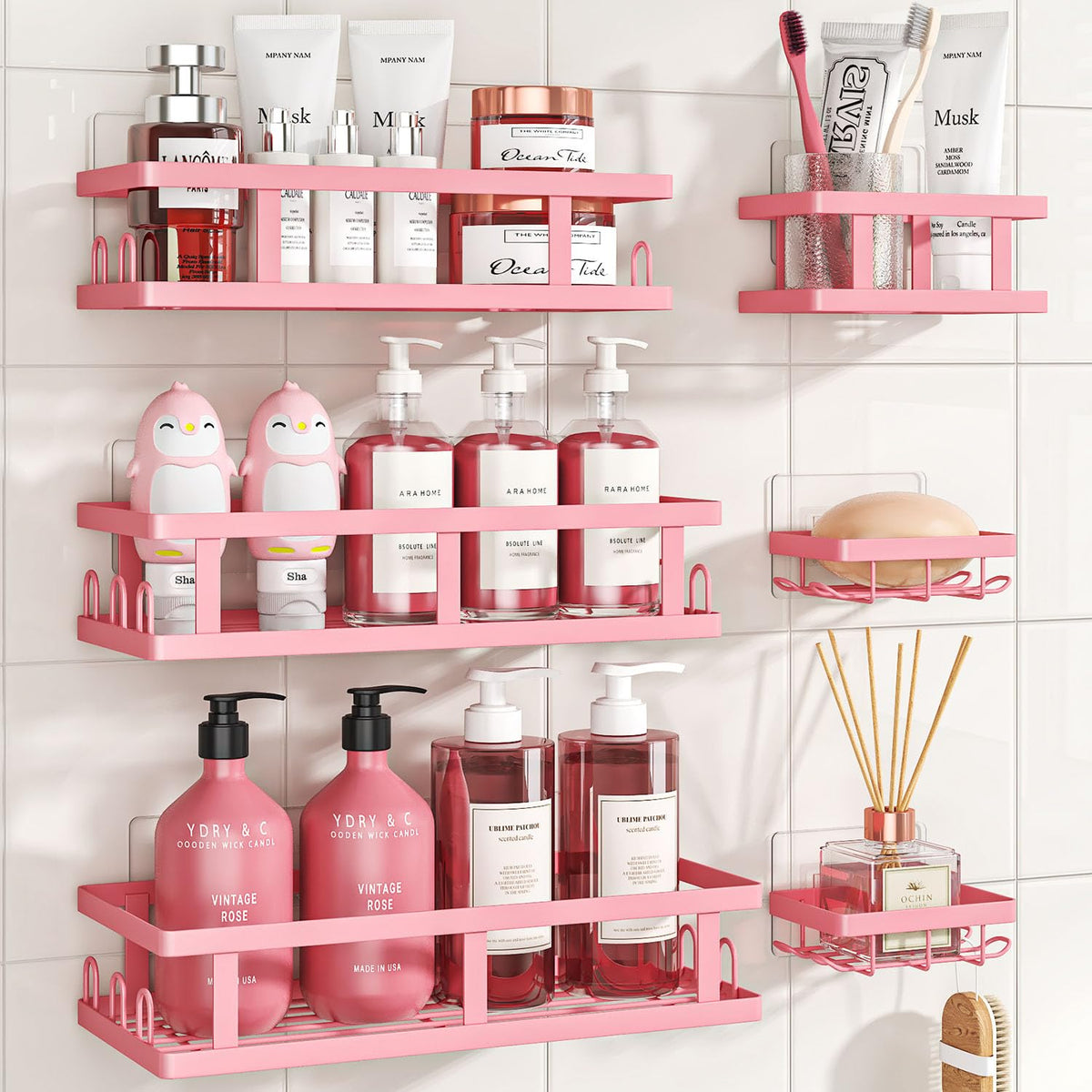 Youvip Pink Shower Caddy 6 Pack, Adhesive Shower Shelves