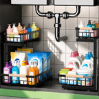 Under Sink Organizer 2 Pack, Double Slide Out Metal Shelf, Black