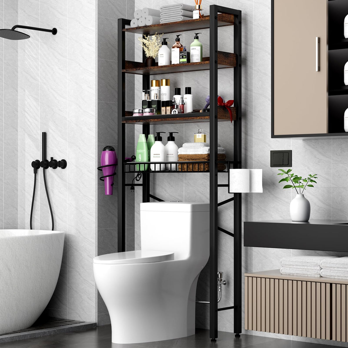 Mlinavn Over-The-Toilet Storage Rack, 4-Tier Bathroom Organizer Shelf Over Toilet with Adjustable Shelf and Basket, Freestanding Space Saver Bathroom Shelves Above Toilet for Room (Black)