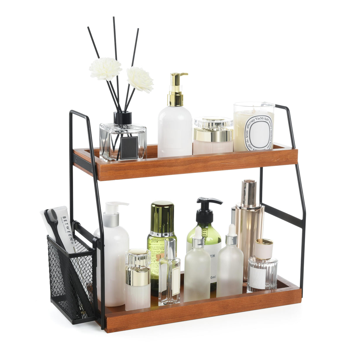 Uneviesyka Bathroom Counter Organizer, 2-Tier Standing Storage Shelf with Basket, Wood Tray for Skincare Vanity Organizer