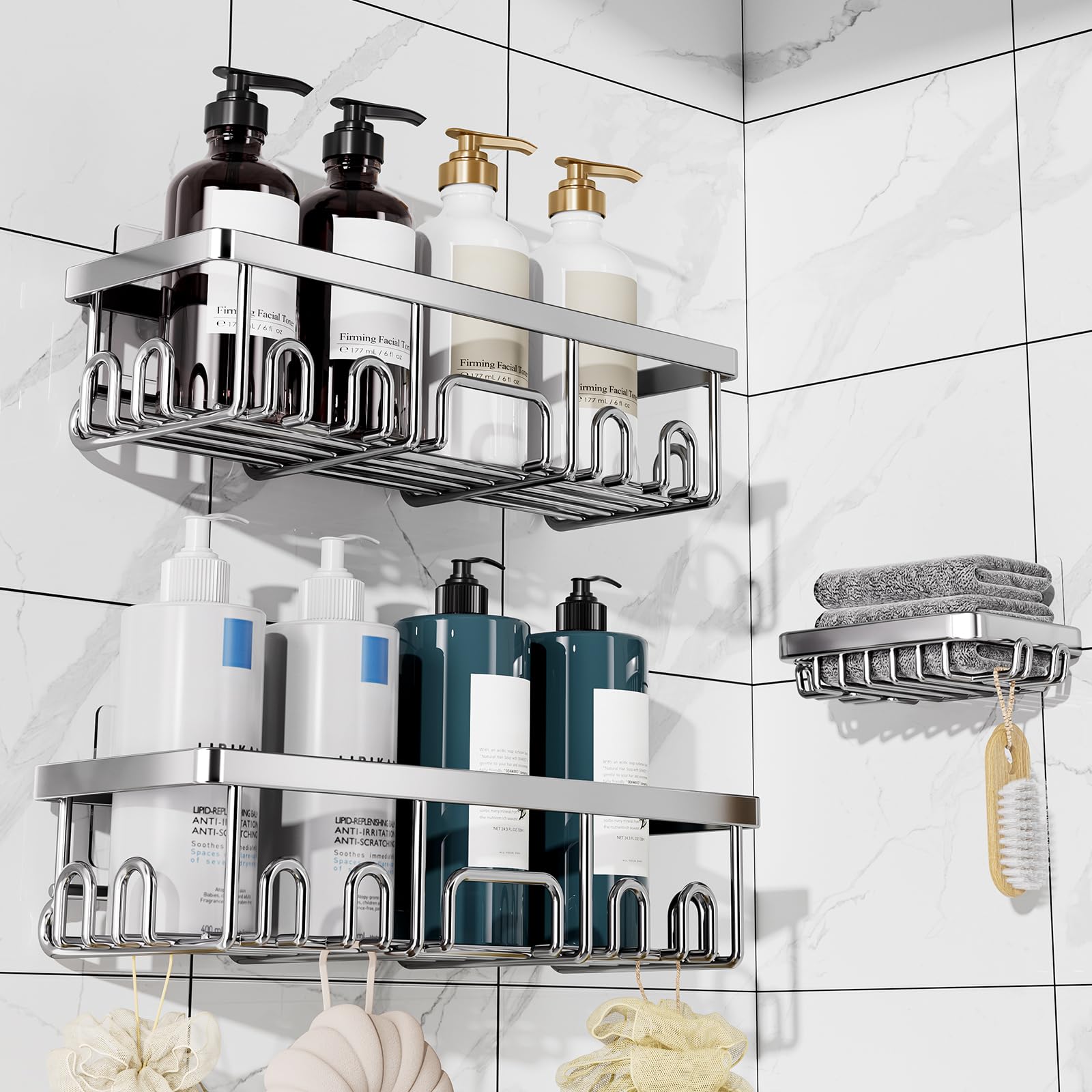 Veken Shower Caddy 6-Pack with Hooks, Bathroom Organizers & Storage, Black