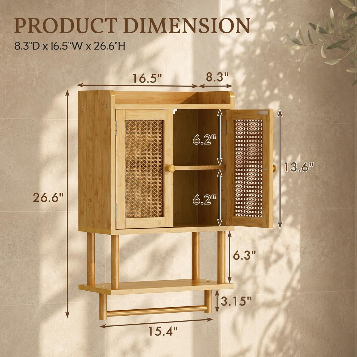 AmazerBath Bathroom Wall Cabinets, Bamboo Medicine Cabinet with Rattan Door, Over The Toilet Storage Cabinet with Towel Bar, Wall Mounted Cabinet with Adjustable Shelves for Small Spaces