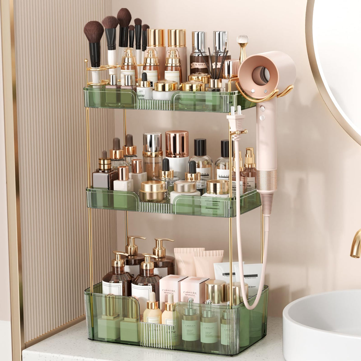 Bathroom Counter Organizer for Vanity, Makeup Organizer Countertop with Holder, Large Capacity Storage Rack, Perfect Large Skincare, Hair Care, Perfume, Easy to Install (Clear, 3Tiers)