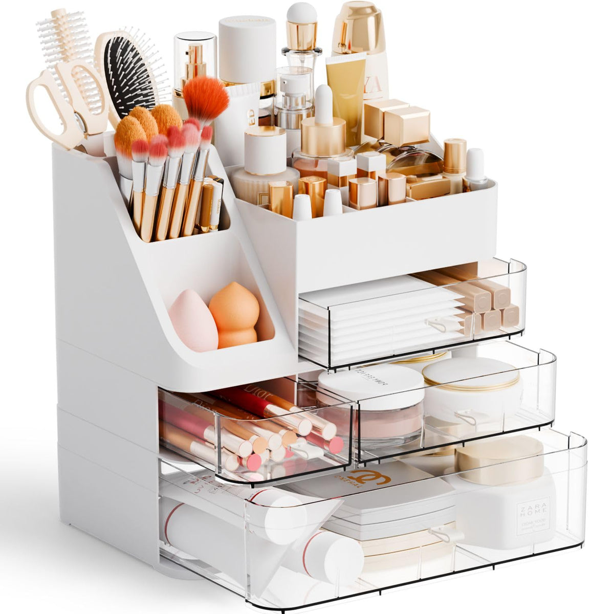 Yieach White Makeup Organizer Countertop,Large Cosmetics Storage Organizer for Make up Brush,Hair Products and Beauty Skincare Organizers,Plastic Makeup Holders and Organizers for Bathroom,Vanity,Desk