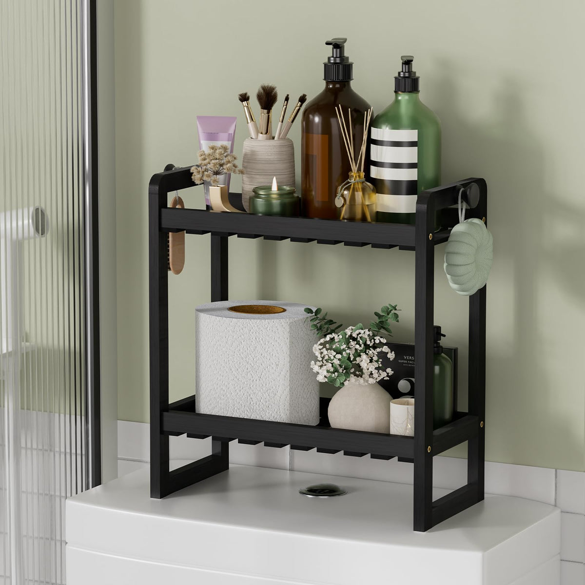AmazerBath Bamboo Over The Toilet Storage Shelf - 2-Tier Bathroom Organizers and Storage Shelves, 2 in 1 Dual Stable Above Over Toilet Bamboo Shelf Home Storages Rack for Small Bathroom, Space Saver