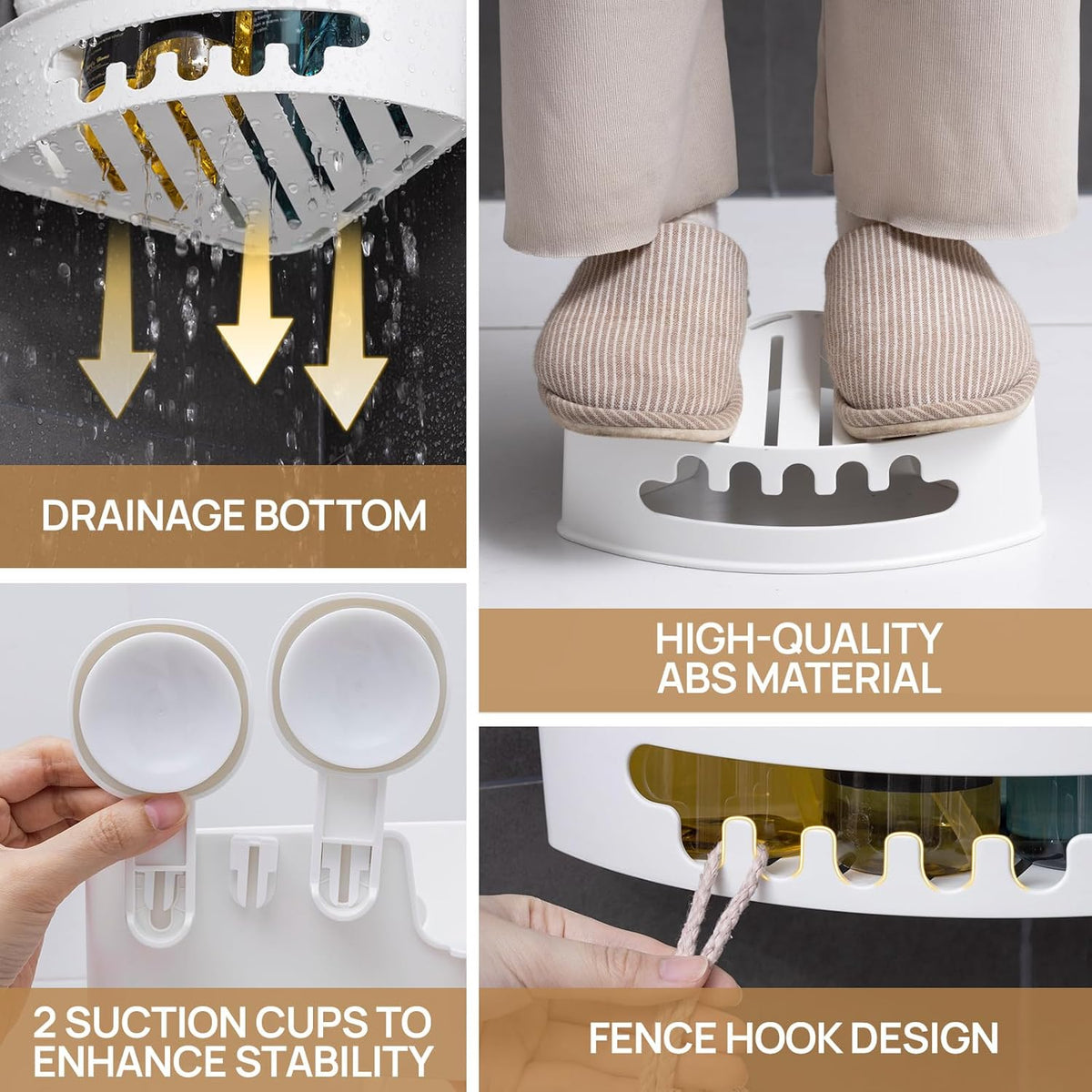 LEVERLOC Corner Shower Caddy Suction Cup, shower shelves suction cup, White