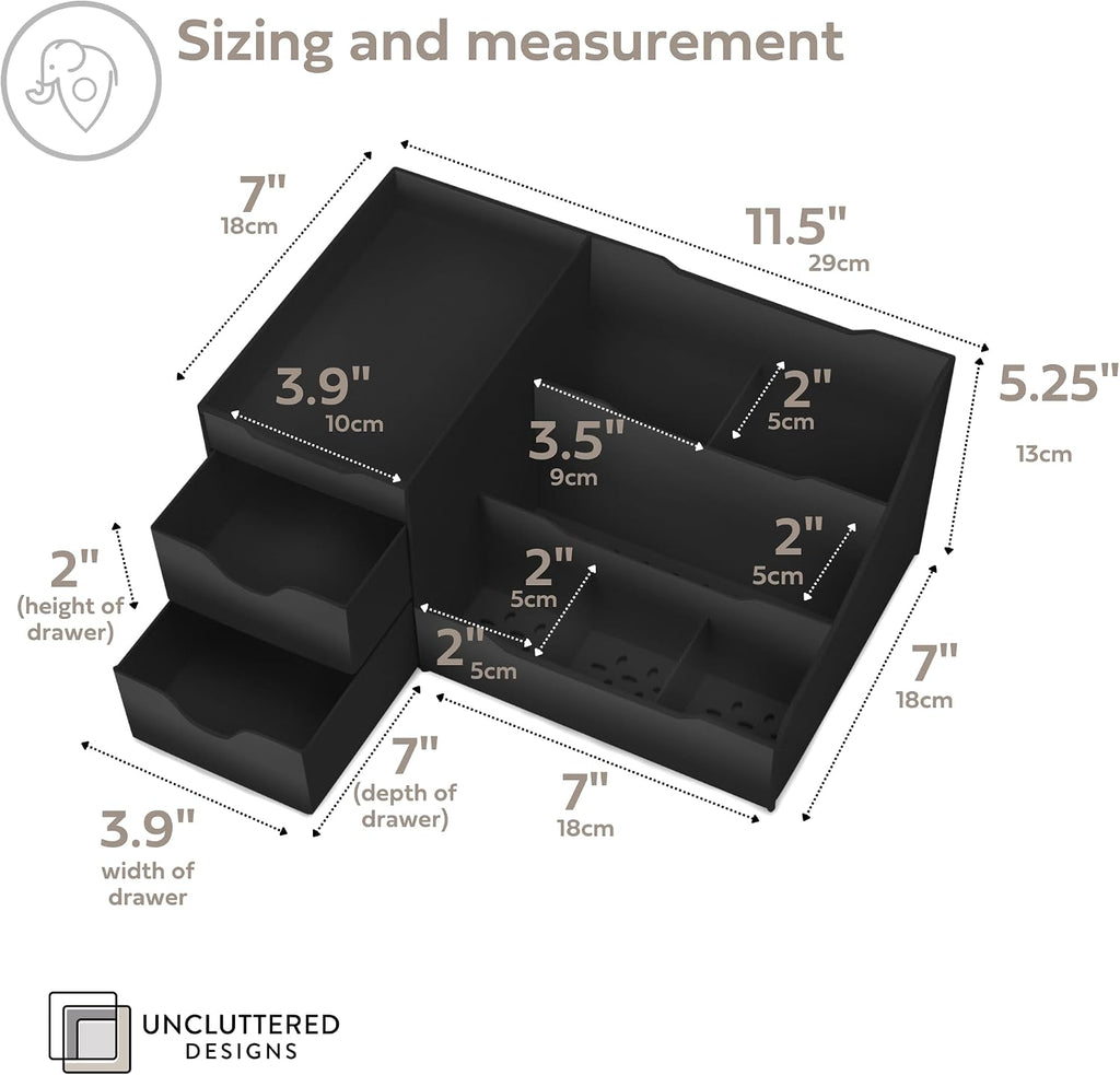 Uncluttered Designs Large Black Vanity Organizer - Countertop Mens Organizer With Drawers for Cologne, Deodorant, Beard, Shaving Lotion, Perfume & Skincare - Perfect for Bathroom & Bedroom Storage