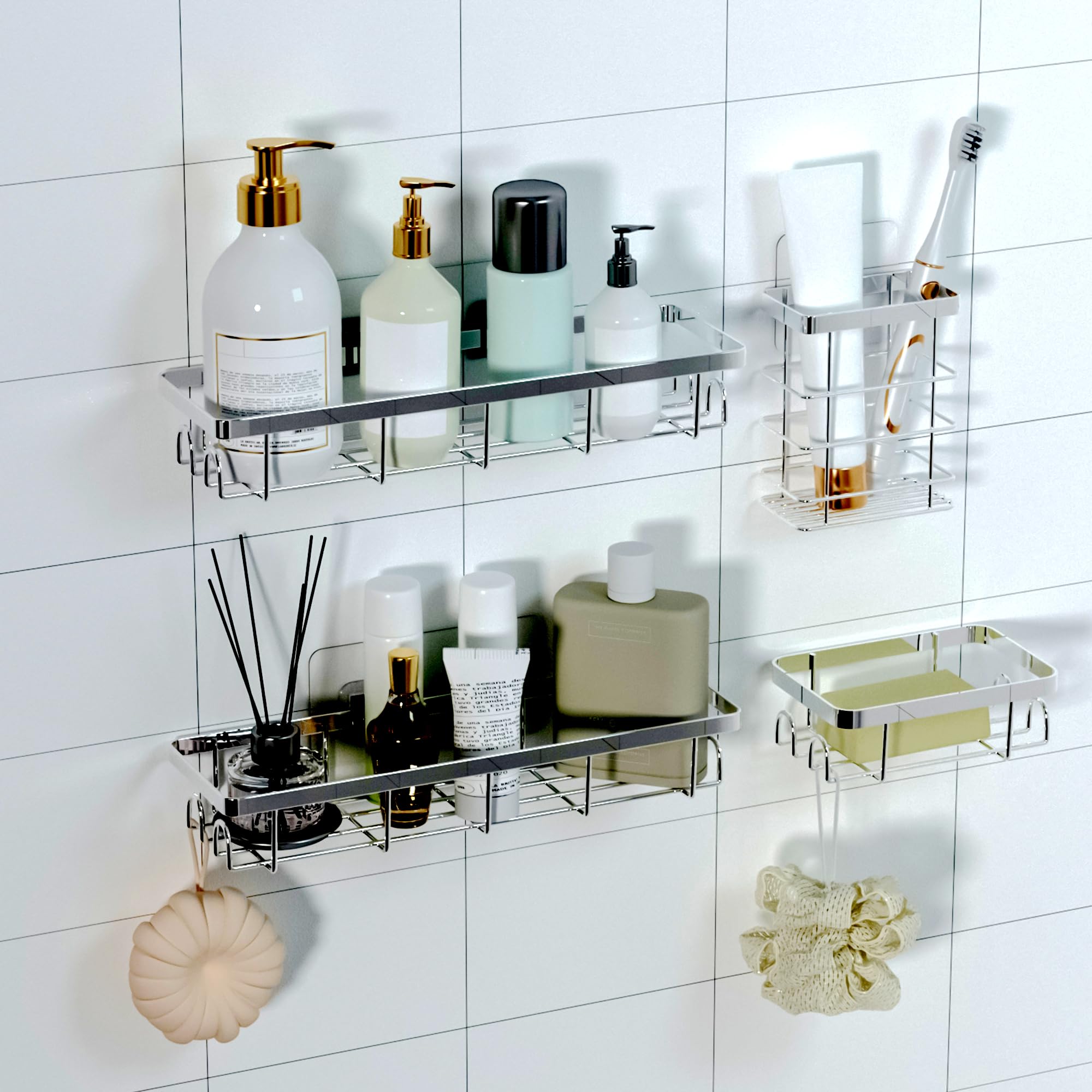 Shower Caddy Organizer with Hooks,Self Adhesive Bathroom Shelves,No Drilling Bathroom Organizers and Storage,Perfect for RV, Apartment, Home Decor,White 4PCS