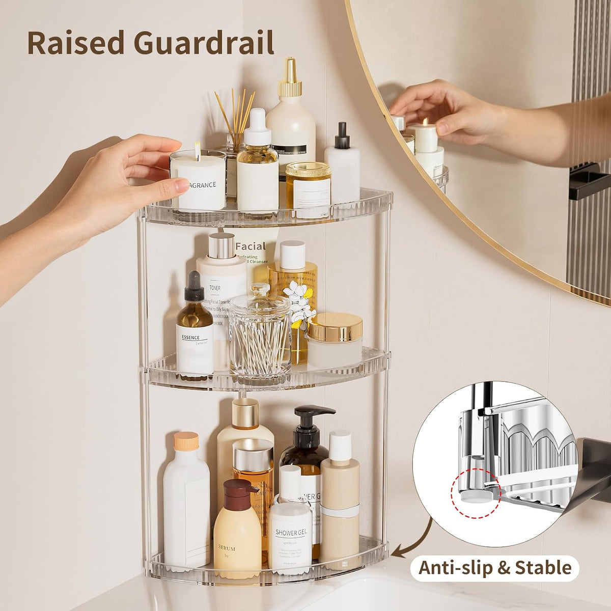 3 Tier Corner Bathroom Counter Organizer, Clear Vanity Makeup Storage Shelf
