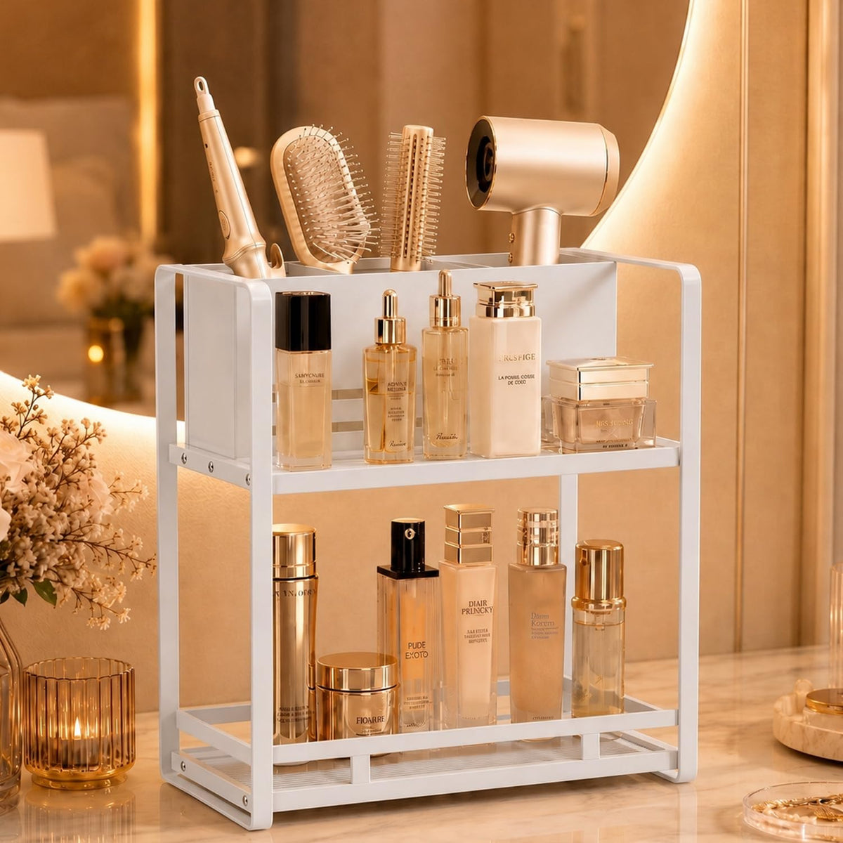Bathroom Counter Organizer, Metal Vanity Shelf with Hair Dryer Holder