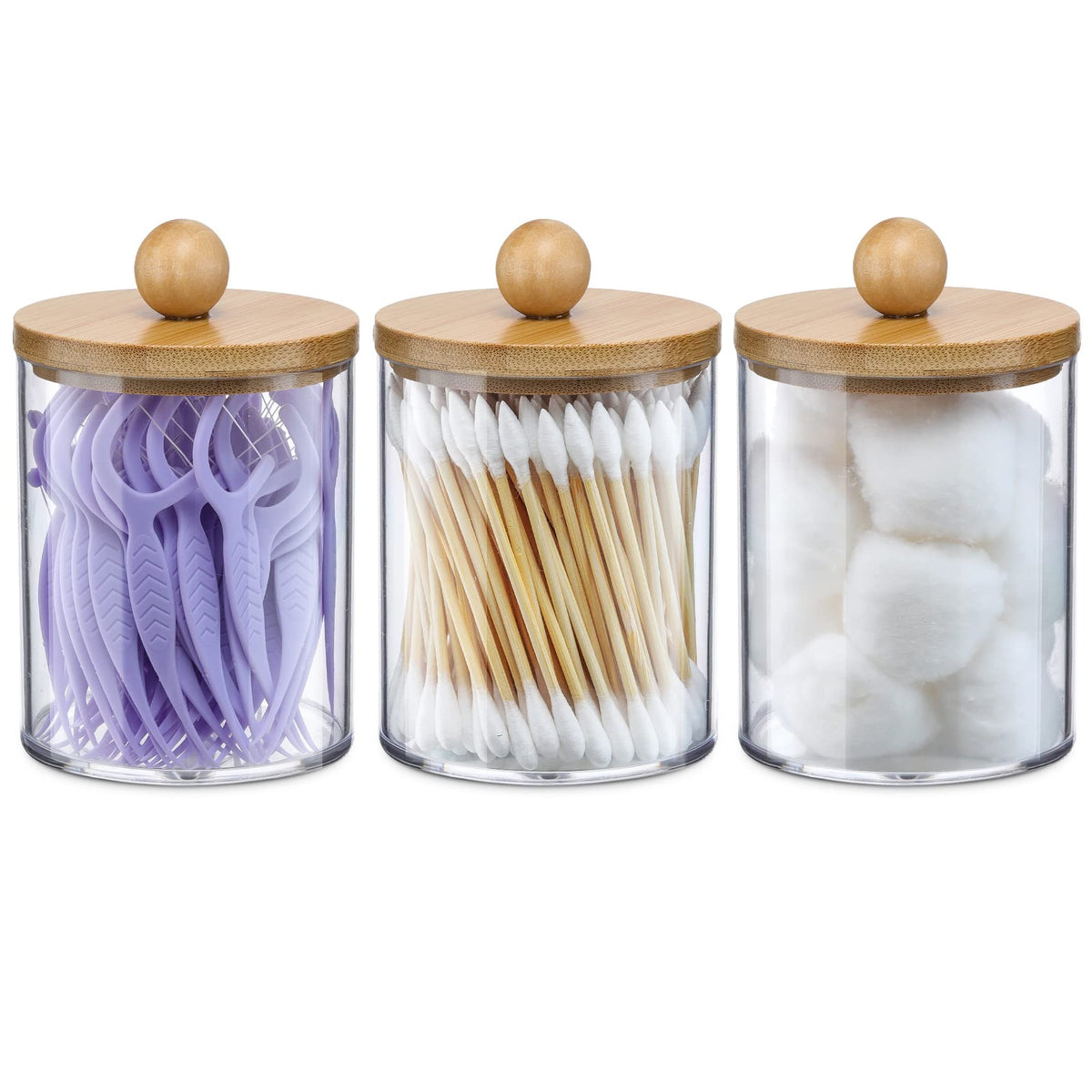 4 Pack Qtip Holder Dispenser with Bamboo Lids - 10 oz Clear Plastic Apothecary Jar Containers for Vanity Makeup Organizer Storage - Bathroom Accessories Set for Cotton Swab, Ball, Pads, Floss