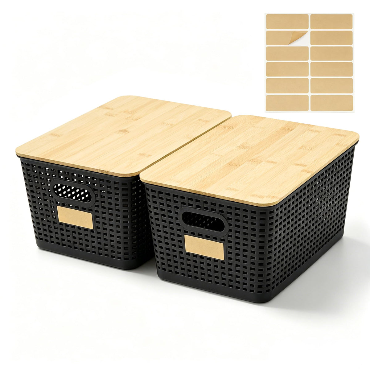 Bagnizer Small Plastic Storage Bins with Bamboo Lids 5.2qt Stackable Box Basket Pantry Decorative Containers Cute with Labels for Organizing Desktop Closet Office Cream White of 6 packs 10*7.2*4.1"