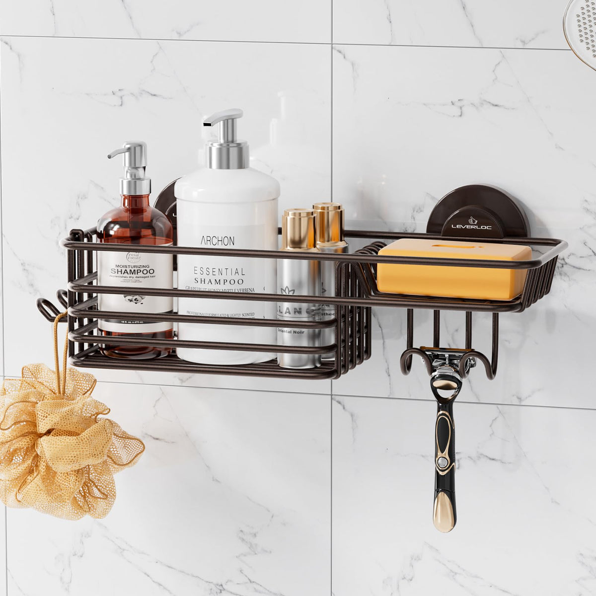 LEVERLOC Shower Caddy Suction Cup, 2 Pack Shower Shelves for Inside Shower with Hooks & Soap Holder, NO-Drilling Bathroom Shower Organizer, Rustproof Meatl Shower Holder Storage, Black