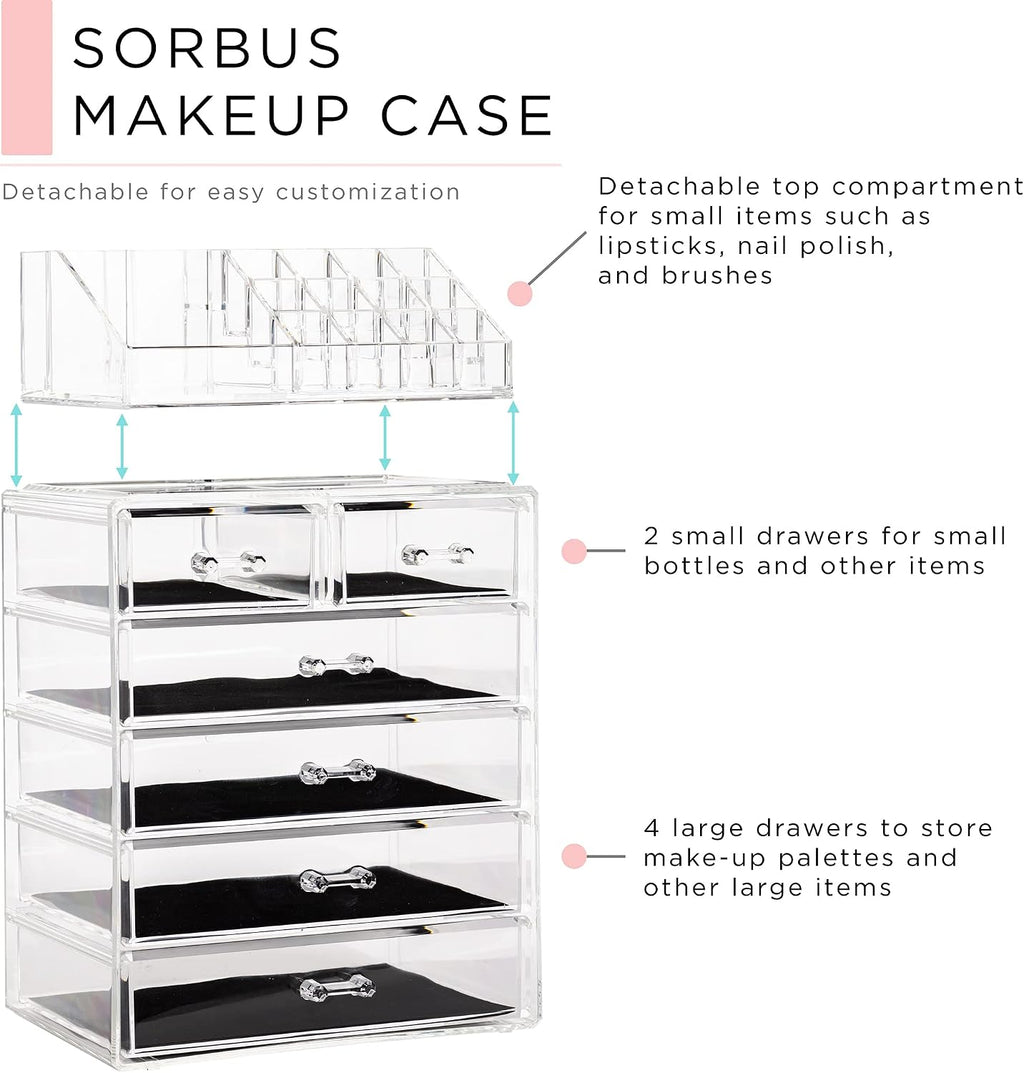Sorbus Makeup Organizer, 6-Drawer Acrylic 2-Piece Set (Clear)