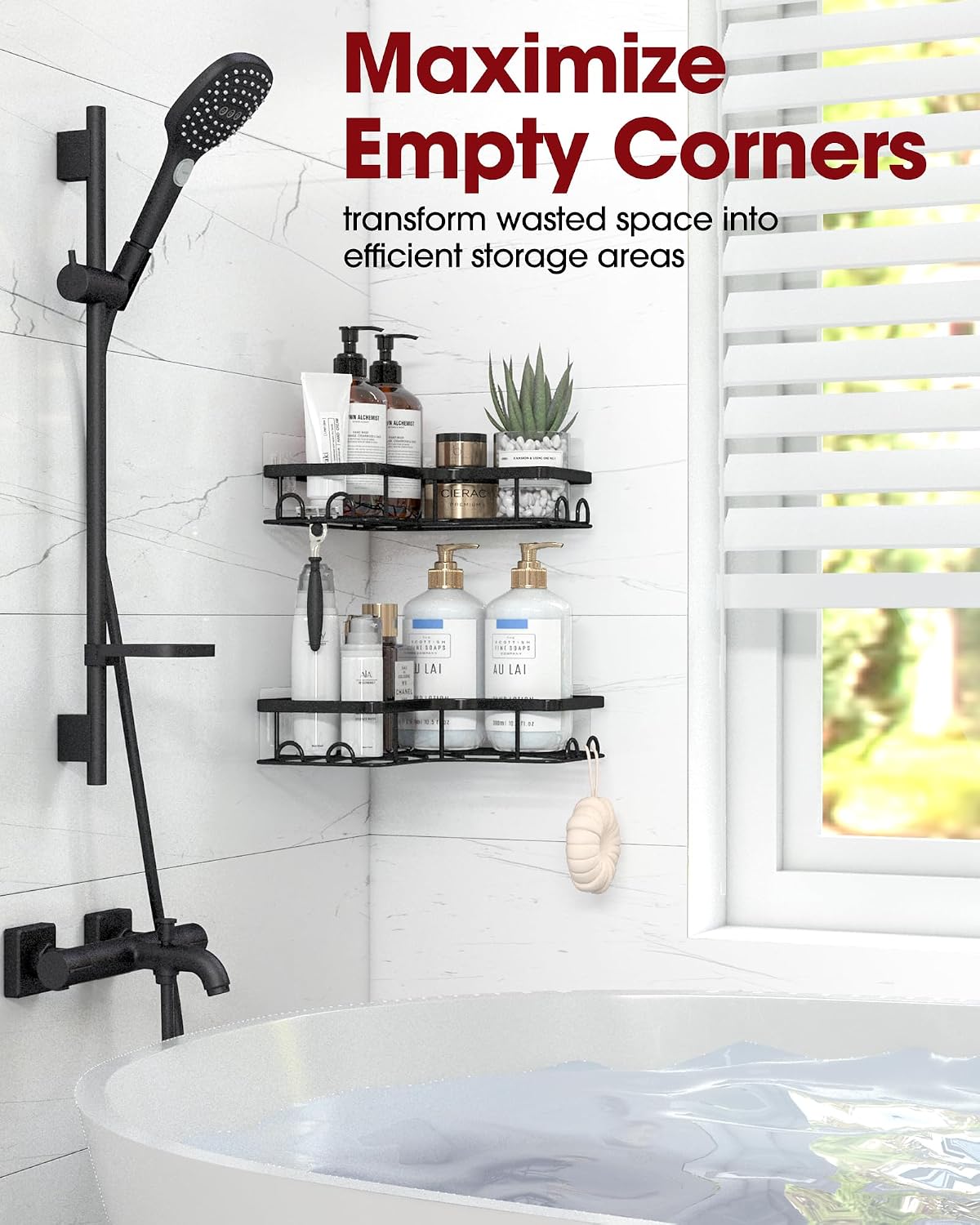 Sakugi Black Corner Shower Caddy Adhesive No Drilling Bathroom Shelves
