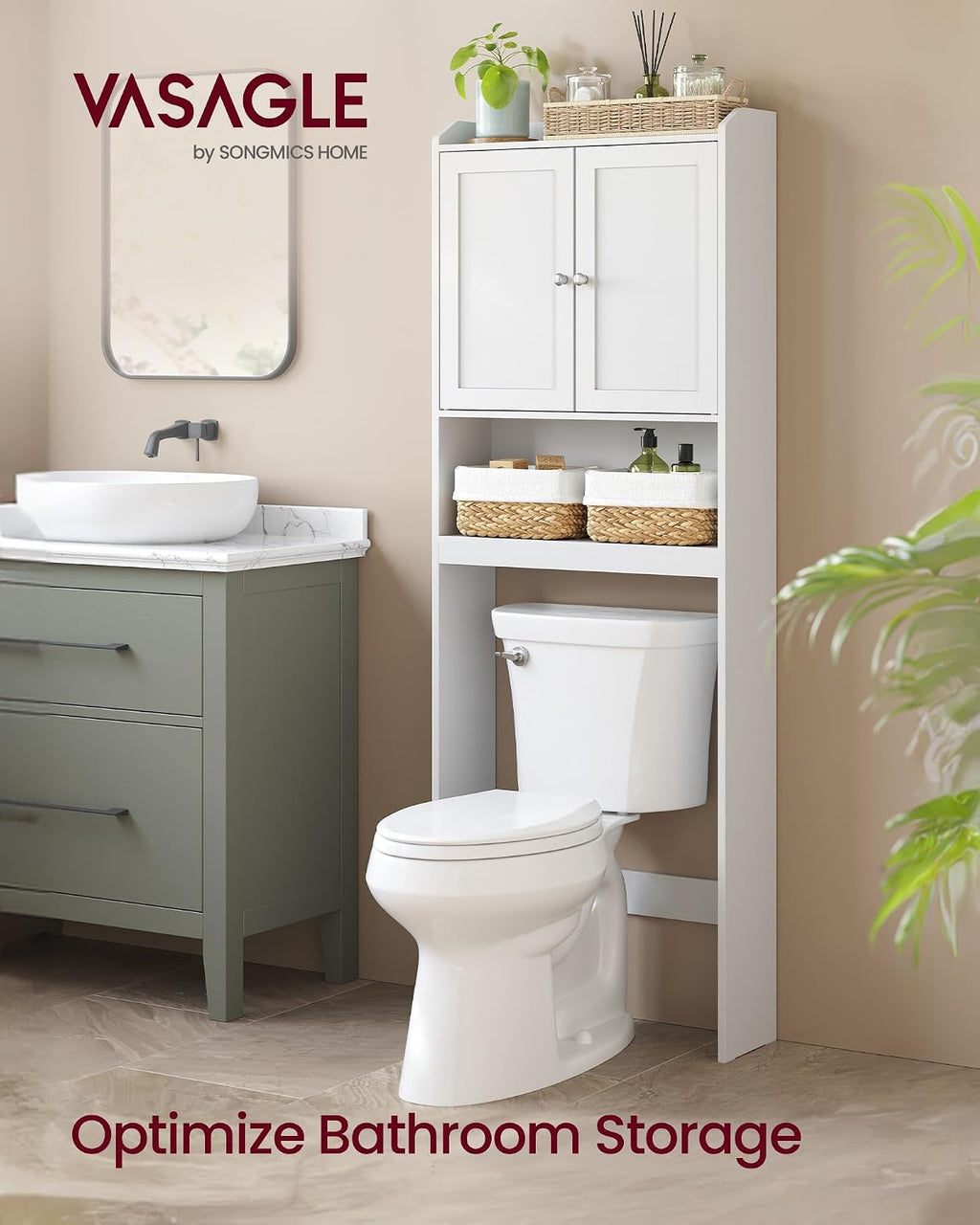 VASAGLE Over the Toilet Storage Cabinet, Doors, Adjustable Shelves, 24.6''W