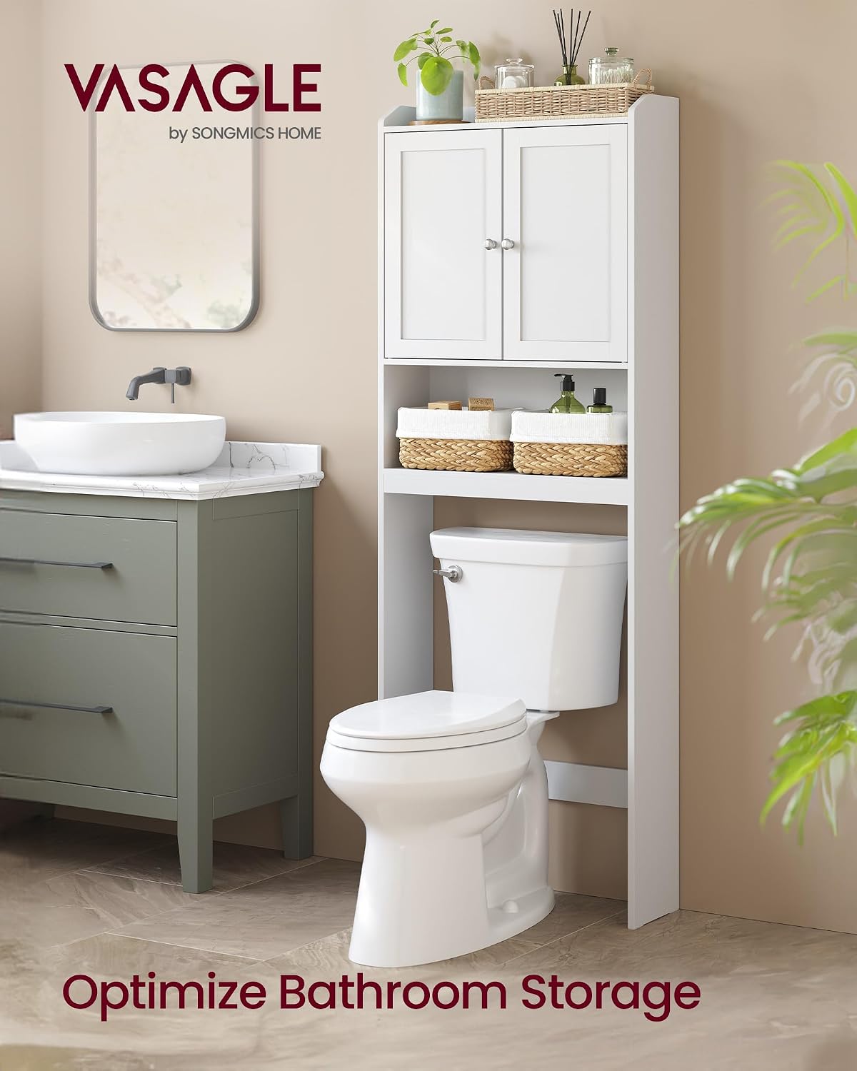 VASAGLE Over the Toilet Storage Cabinet, Doors, Adjustable Shelves, 24.6''W