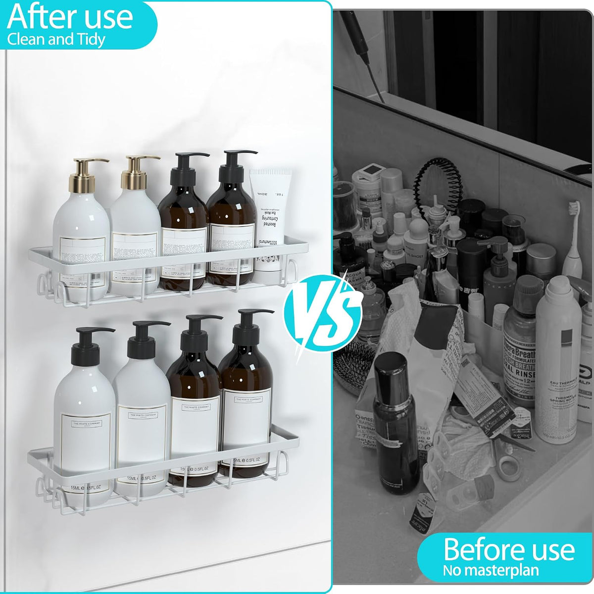 Shower Caddy Organizer with Hooks,Self Adhesive Bathroom Shelves,No Drilling Bathroom Organizers and Storage,Perfect for RV, Apartment, Home Decor,White 4PCS