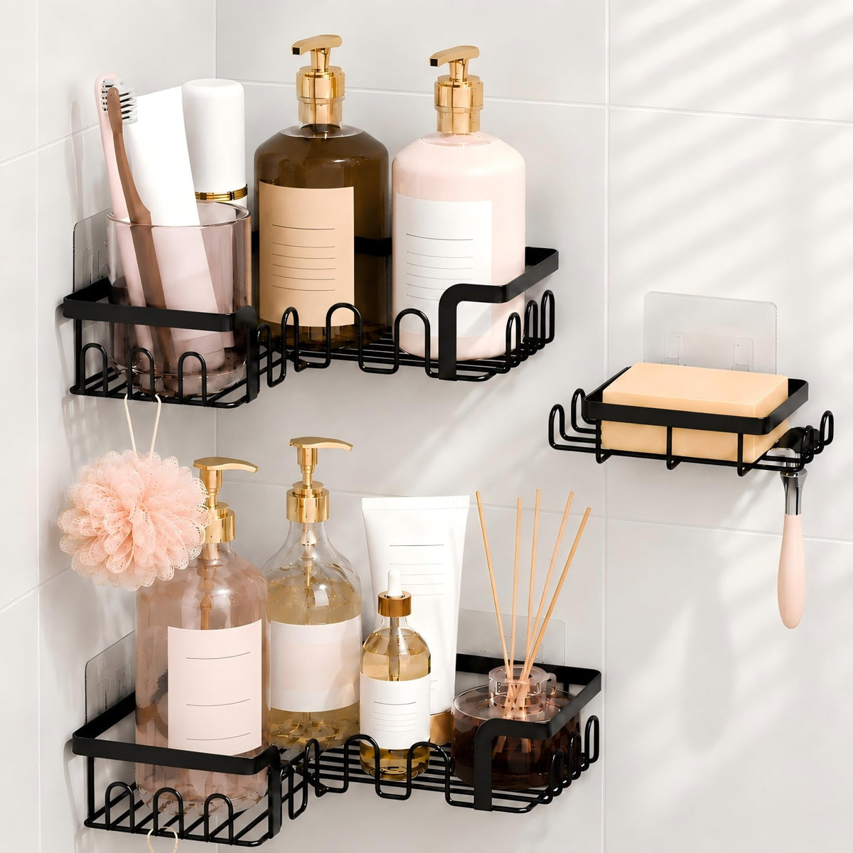 Corner Shower Caddy 3 Pack,Wall Mounted Adhesive Shower Caddy with Soap Holder and 24 Hooks,No Drill Rustproof Stainless Steel Shower Shelf for Inside Shower,Black