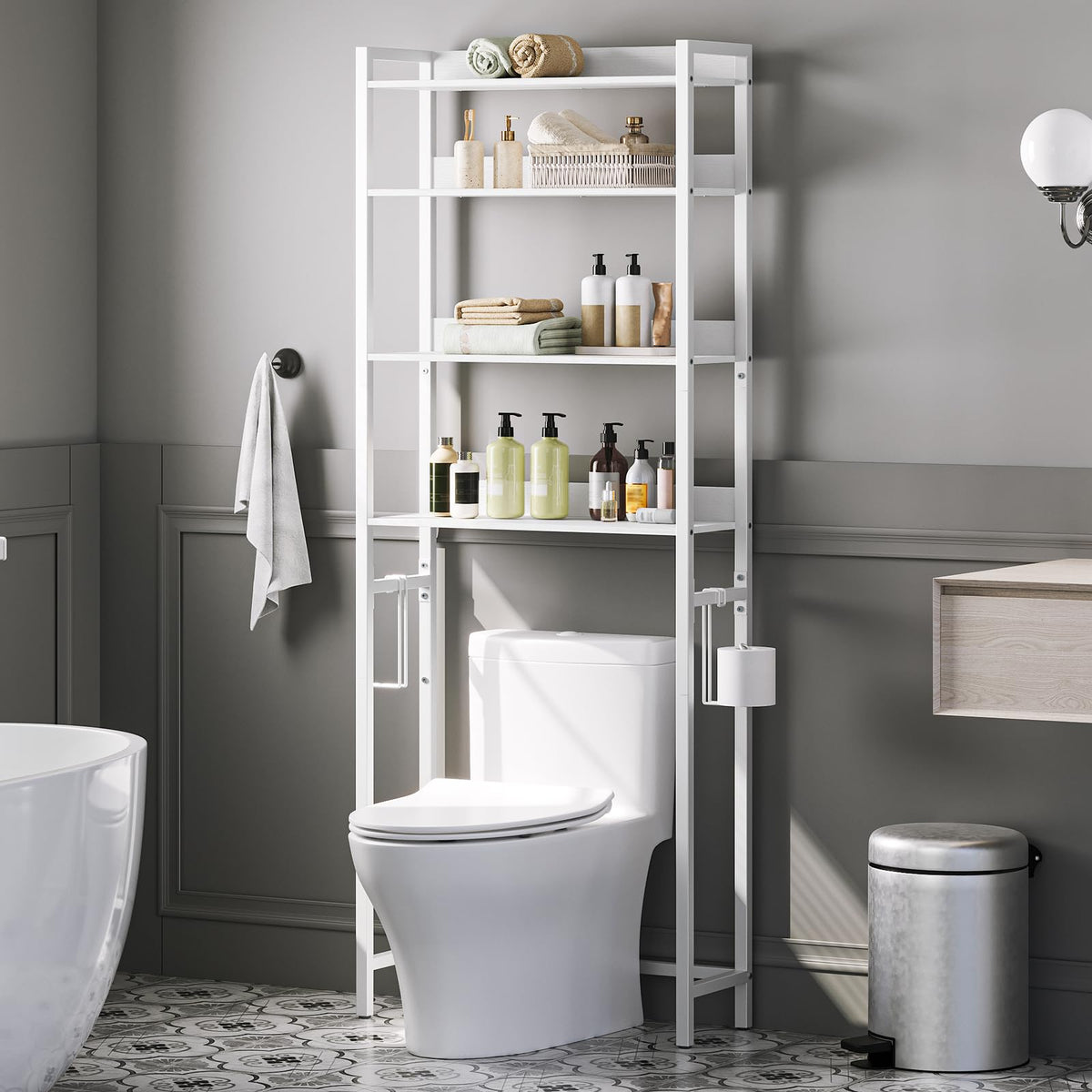 MAHANCRIS Over The Toilet Storage Rack, 4 Tier Bathroom Organizer Over Toilet, Freestanding Space Saver Toilet Stand with 2 Hooks, Bathroom Storage Shelf, Easy to Assemble, Rustic Brown TSHR0401Z